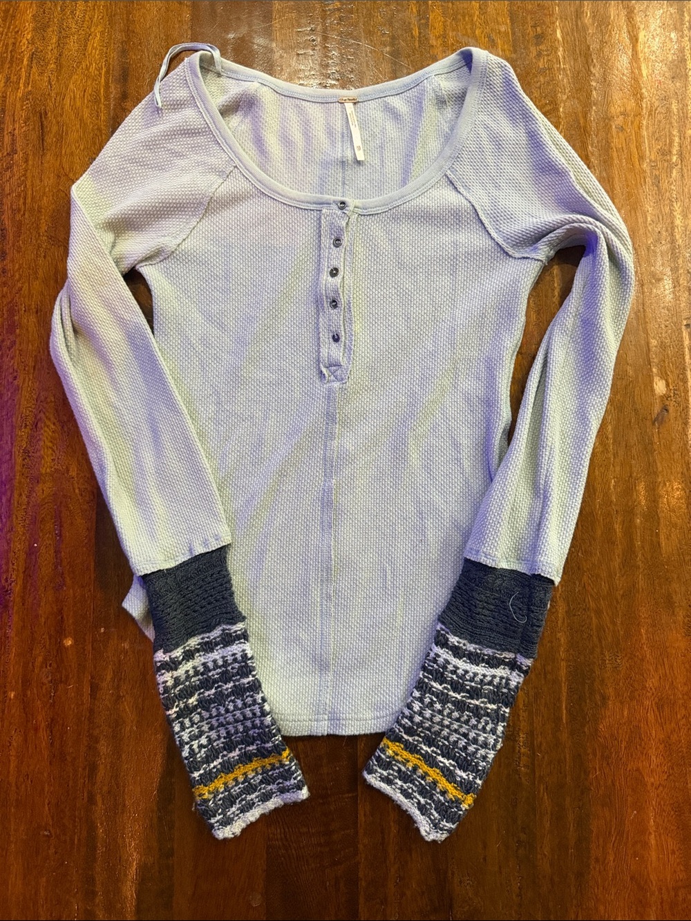 Free People Lavender Waffle Henley with Patterned Knit Cuffs